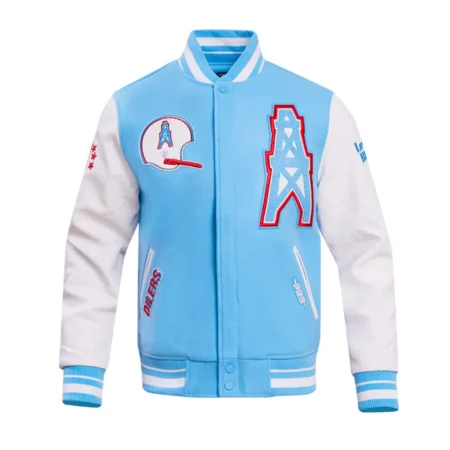 Houston Oilers Oil Derrick Varsity Jacket front view with logo.