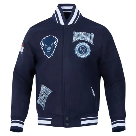 Howard Bison Crest Navy Varsity Jacket front view with crest.