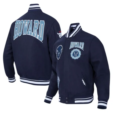 Howard Bison Crest Navy Varsity Jacket front and back view combined.