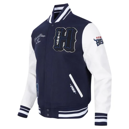 Howard Bison Navy Varsity Jacket front view with logo.