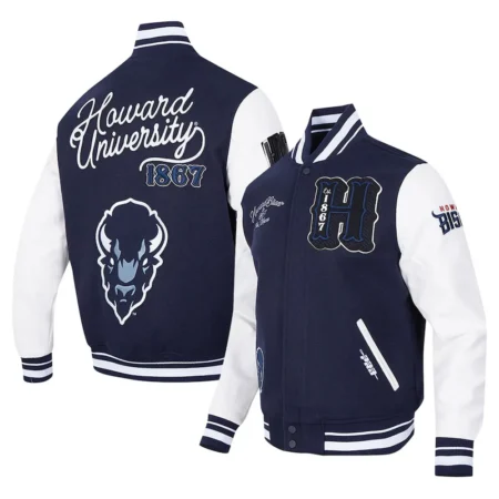 Howard Bison Navy Varsity Jacket front and back view combined.