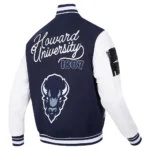 Front and back view of Howard Bison Navy Varsity Jacket.