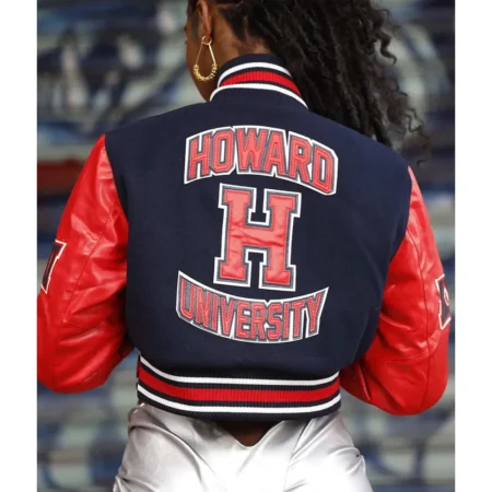 Model wearing Womens Howard University Varsity Jacket back view.