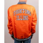 Model showcasing front view of Illinois Fighting Illini varsity jacket.