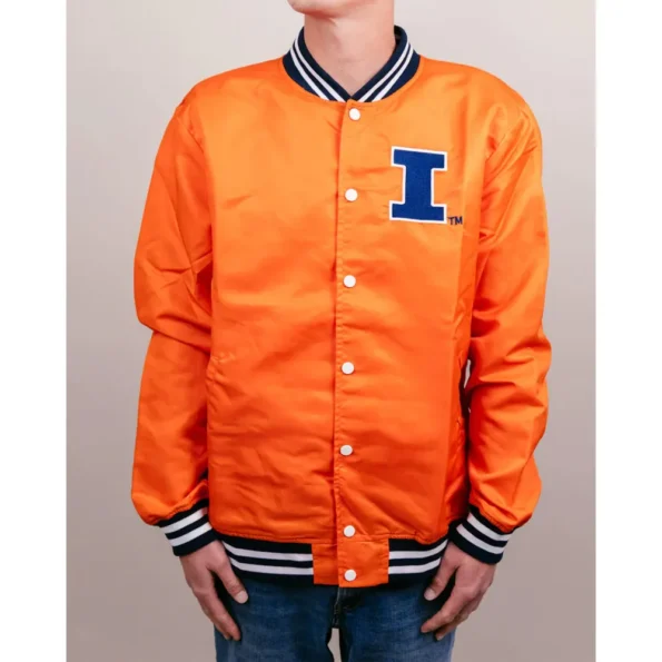 Model wearing Illinois Fighting Illini Varsity Jacket front view.