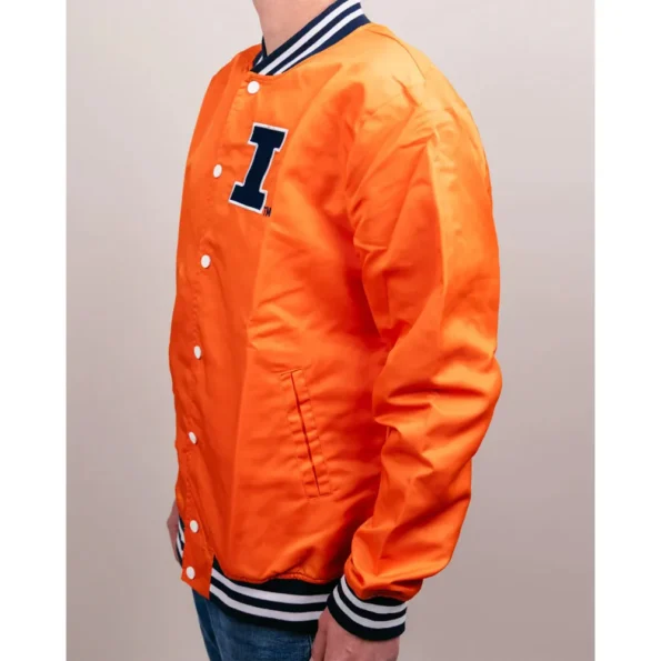 Model wearing Illinois Fighting Illini Varsity Jacket side view.