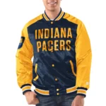 Model wearing Indiana Pacers Renegade Varsity Jacket front view.