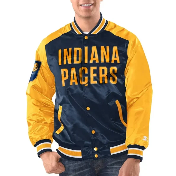 Model wearing Indiana Pacers Renegade Varsity Jacket front view.