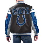 Model front view wearing Indianapolis Colts Varsity Leather Jacket.