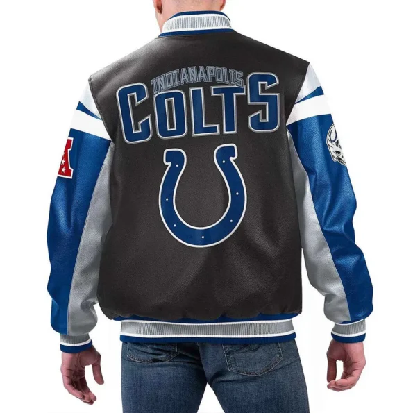 Model wearing Indianapolis Colts Varsity Leather Jacket back view.