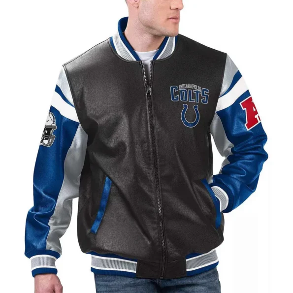 Model wearing Indianapolis Colts Varsity Leather Jacket front view.