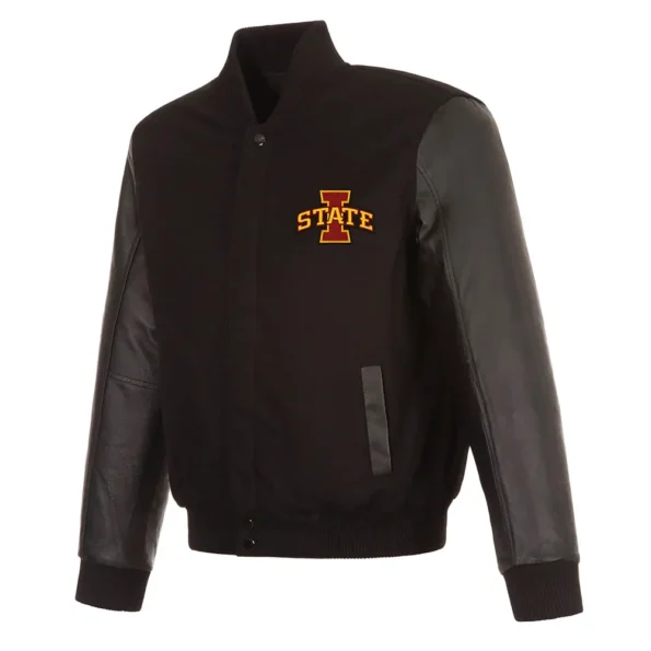 Front view of Black Iowa Hawkeyes Varsity Jacket.