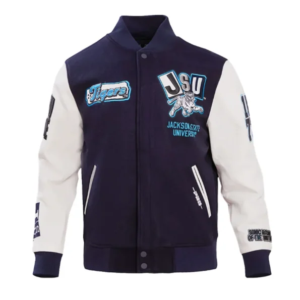 Homecoming Jackson State Varsity Jacket front view with logo.