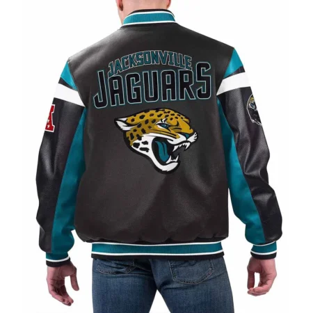 Model wearing Jacksonville Jaguars Black Varsity Jacket back view.