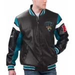 Model wearing Jacksonville Jaguars Black Varsity Jacket front view.