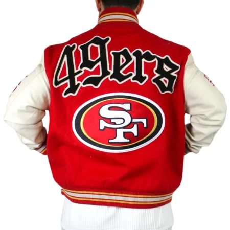 Model back view JH San Francisco 49ers Varsity Jacket