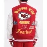 Model showcasing Kansas City Chiefs English Varsity Jacket front