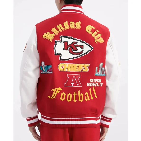 Model wearing Kansas City Chiefs English Varsity Jacket back view