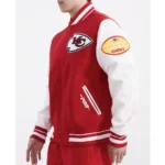 Model showcasing Kansas City Chiefs English Varsity Jacket front