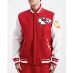 Model showcasing Kansas City Chiefs English Varsity Jacket front