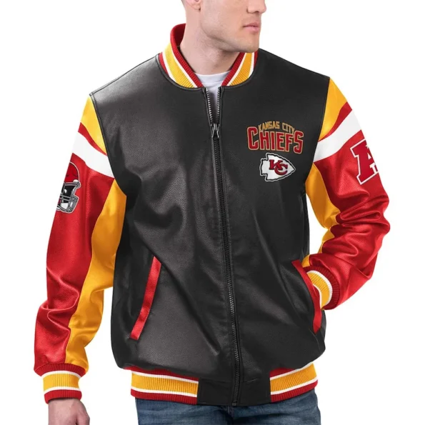 Model wearing Kansas City Chiefs Black Varsity Jacket front view.