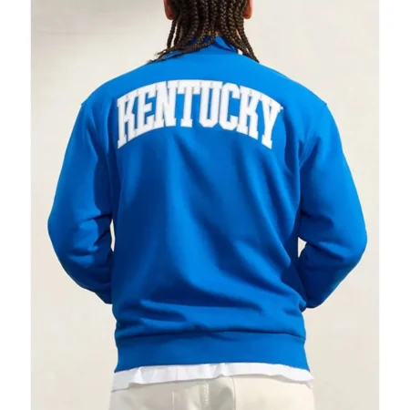 Model wearing Kentucky Wildcats Blue Varsity Jacket back view.