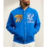 Model wearing Kentucky Wildcats Blue Varsity Jacket front view.