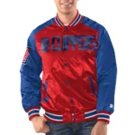 Model wearing Angeles Clippers Renegade Varsity Jacket front view