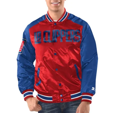 Model wearing Angeles Clippers Renegade Varsity Jacket front view