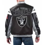 Model front view wearing Las Vegas Raiders Black Varsity Jacket.