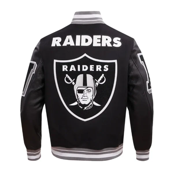 Las Vegas Raiders Mashup Varsity Jacket back view with logo.