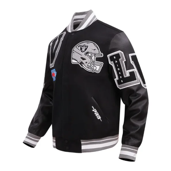 Las Vegas Raiders Mashup Varsity Jacket side profile showcasing fit.