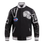 Las Vegas Raiders Mashup Varsity Jacket front view with logo.