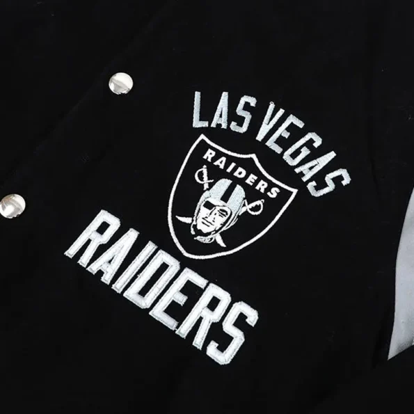 Close-up of Las Vegas Raiders Tailback Varsity Jacket details.