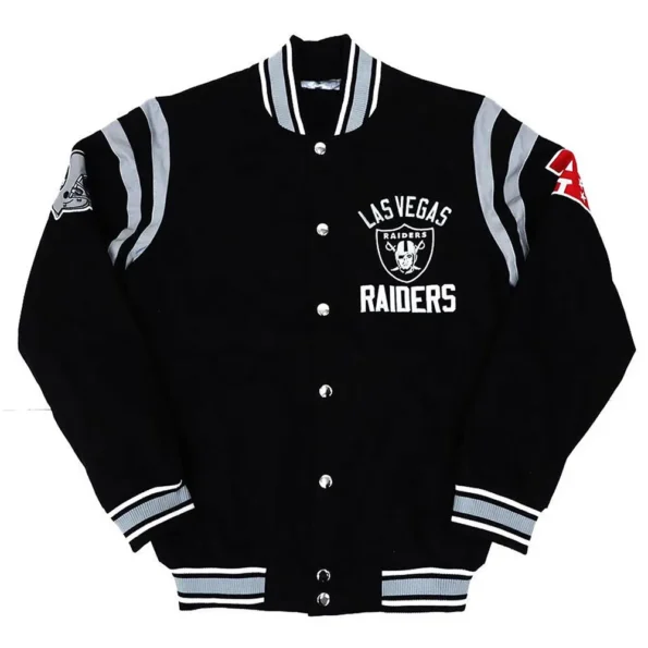 Front view of Las Vegas Raiders Tailback Varsity Jacket.