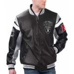 Model front view wearing Las Vegas Raiders Black Varsity Jacket.