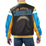 Model front view wearing LA Chargers Black Varsity Leather Jacket.