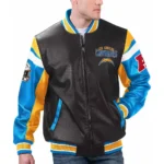 Model front view wearing LA Chargers Black Varsity Leather Jacket.