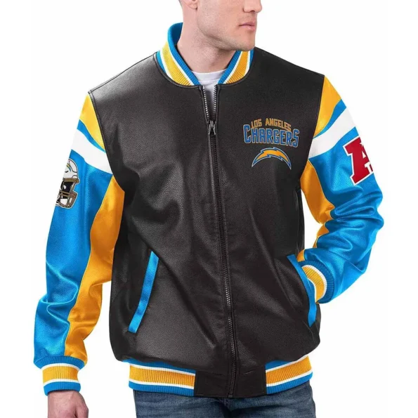 Model wearing LA Chargers Black Varsity Leather Jacket front view.