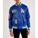 Model front view wearing LA Dodgers World Series Varsity Jacket