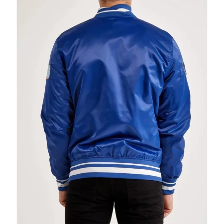 Model back view wearing LA Dodgers World Series Varsity Jacket