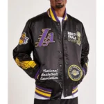 Model Wearing LA Lakers 17X Champions Varsity Jacket Front View