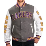 Model Wearing Los Angeles Lakers Varsity Jacket Front View