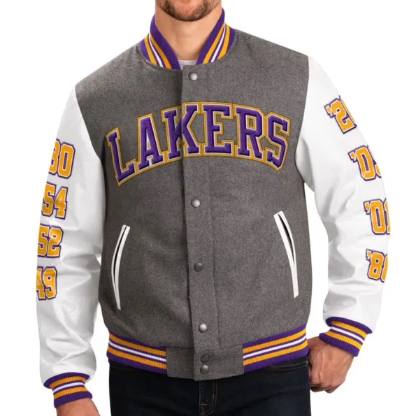 Model front view wearing Los Angeles Lakers Varsity Jacket