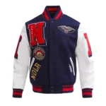 Front view of Orleans Pelicans Mashup Varsity Jacket with logo.