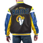 Model front view wearing LA Rams Varsity Leather Jacket.