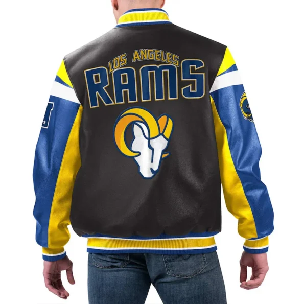 Model wearing LA Rams Black Varsity Leather Jacket back view.