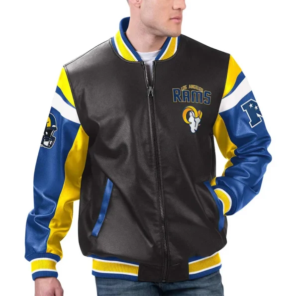 Model wearing LA Rams Black Varsity Leather Jacket front view.