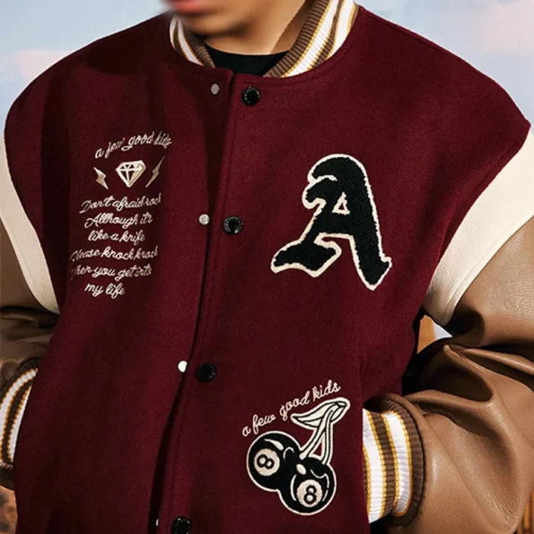 Zoomed-in Lucky 8 varsity jacket, texture and detail view.