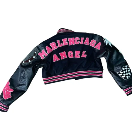 Back view It Girl Marlenciaga Angel Varsity Jacket